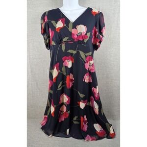 Calvin Klein Dress 10 Black Floral A Line Midi Flowy Whimsigoth Career Party